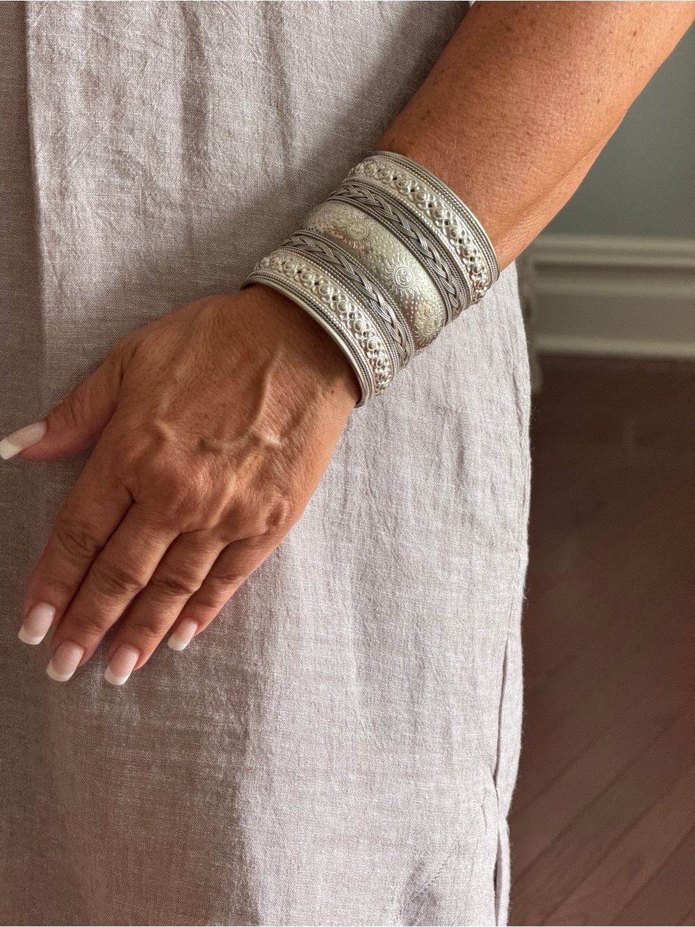 Wide Silver-Tone Etched Cuff Bracelet